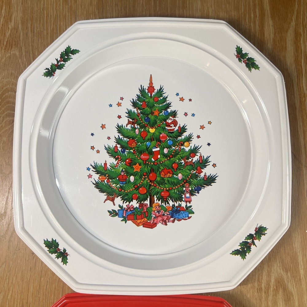 Vintage MCM Christmas Tree Cookie Appetizer Serving Tray Platter 9.25" Octagon 2 - Picture 2 of 6